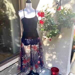 L'ATISTE Purple Sheer Maxi Skirt with Red Rose Embroidery
